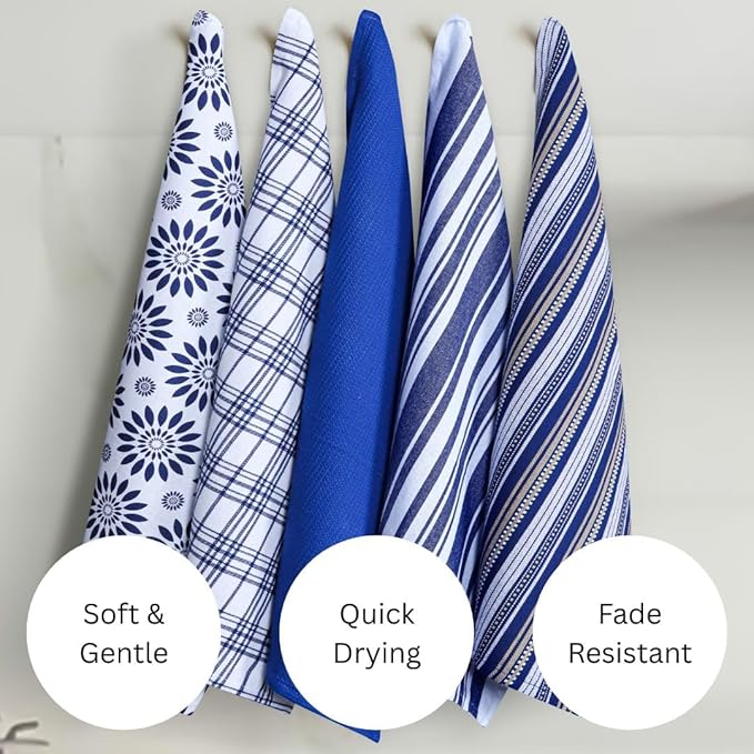 Assorted Kitchen Towels Set of 5-100% Cotton Dish Cloths Towels with Hanging Loop - Soft, Absorbent & Washable for Kitchen Use - Quick Drying Dish Towels 16x26 Inch Blue
