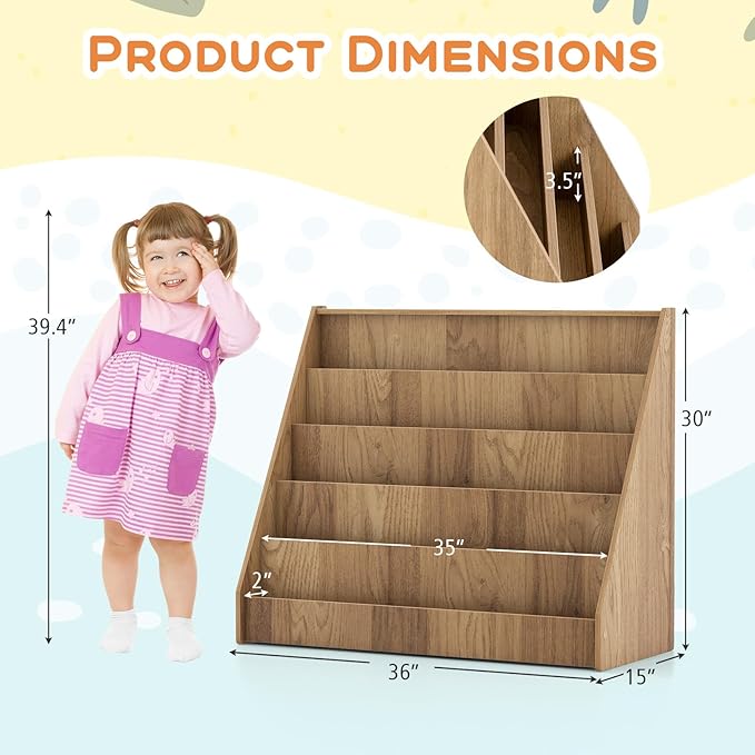 GLACER Kids Bookshelf, 5 Tier Wooden Montessori Book Display Rack, Front Facing Toddler Bookcase, Toy Storage Organizer, Book Shelf for Kids Rooms, Nursery, Classroom and Playroom (Natural)