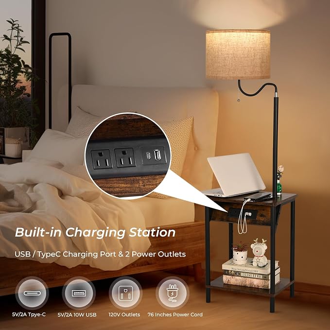 FIMEI Floor Lamp with Table, End Table with Charging Station USB Ports & Outlets, Bedside Table 3 Color Temperature Reading Light, Nightstand with Shelves for Living Room, Bedroom, Apartment