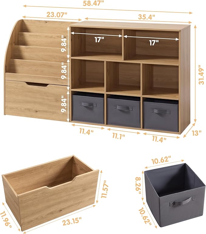 Kids Bookshelf and Toy Storage, Toy Storage Organizers with Movable Drawers & 3 Storage Bins, Kids Reading Nook Toy Organizers Shelf with 5 Cubbies, Natral Wood