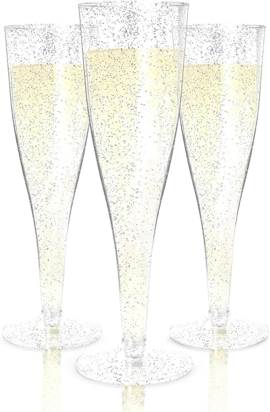 Prestee 200 Disposable Champagne Flutes Plastic 200 Pack - Silver Glitter Champagne Flutes for Weddings, Parties, and New Year’s Eve - 4.5 Oz Plastic Silver Party Glasses