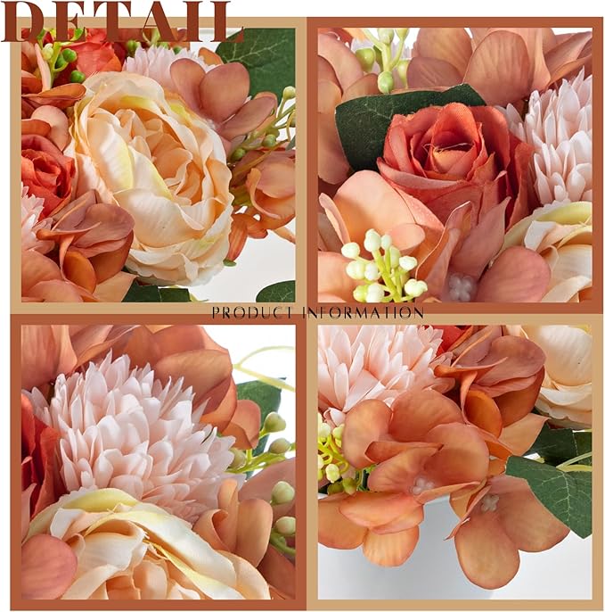 ASTRYAS 2 Bundles Artificial Flowers Bouquet, Fake Peony Silk Chrysanthemums Roses Faux Floral Arrangements for Home Decor Kitchen Table Centerpieces Decoration (Beige & Orange)