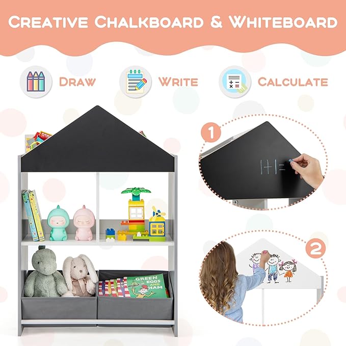 HONEY JOY Toy Storage Organizer, Wooden Dollhouse Bookcase w/Blackboard, Whiteboard, Storage Bins, Toddler Book Shelf, Children Toy Display Chest Cubby, Kids Bookshelf for Playroom Nursery (Gray)
