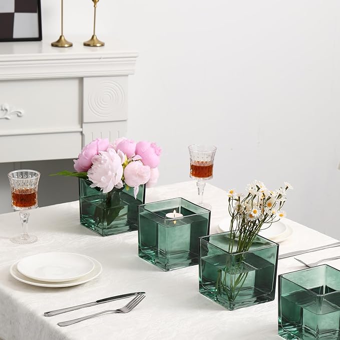 MARTAGE Square Glass Vases Set of 4, 5" x 5" x 5" Green Flower Vases for Centerpieces, Square Vase for Flowers, Small Vase for Wedding, Party, Home Office Decoration