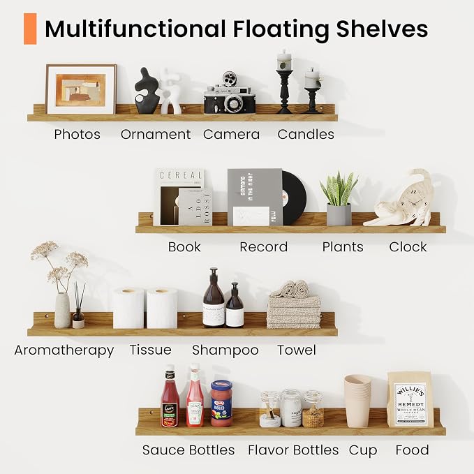 RICHFOCUS Picture Ledge Shelf, 30 inch Floating Shelves Set of 2, Wood Wall Shelves with Lip, Wall Decor Storage for Bedroom Living Room Bathroom Kitchen Nursery Photo Picture, Oak