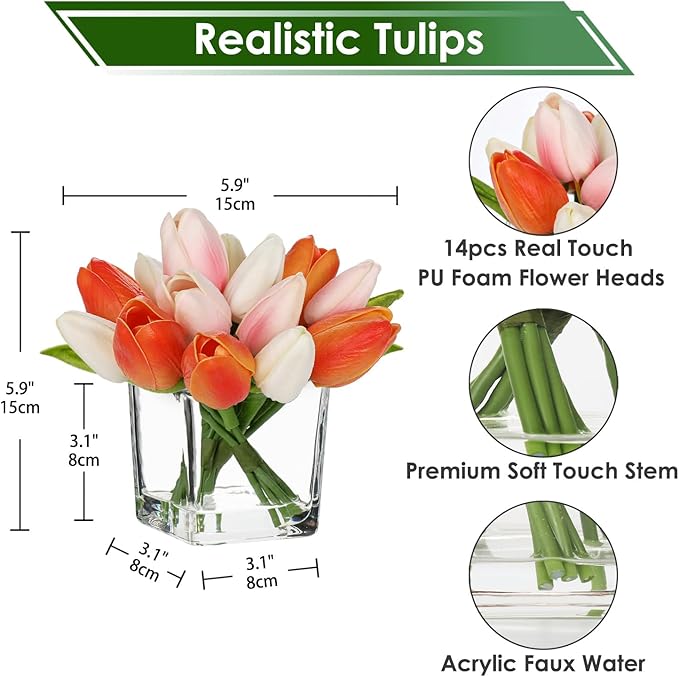 DILATATA Artificial Tulips in Vase with Faux Water 5.5" Real Touch Mixcolor Flowers Fake Tulips Small Flowers Arrangement in Cube Glass Vase for Mother's Day Table Centerpiece Wedding Home Decor