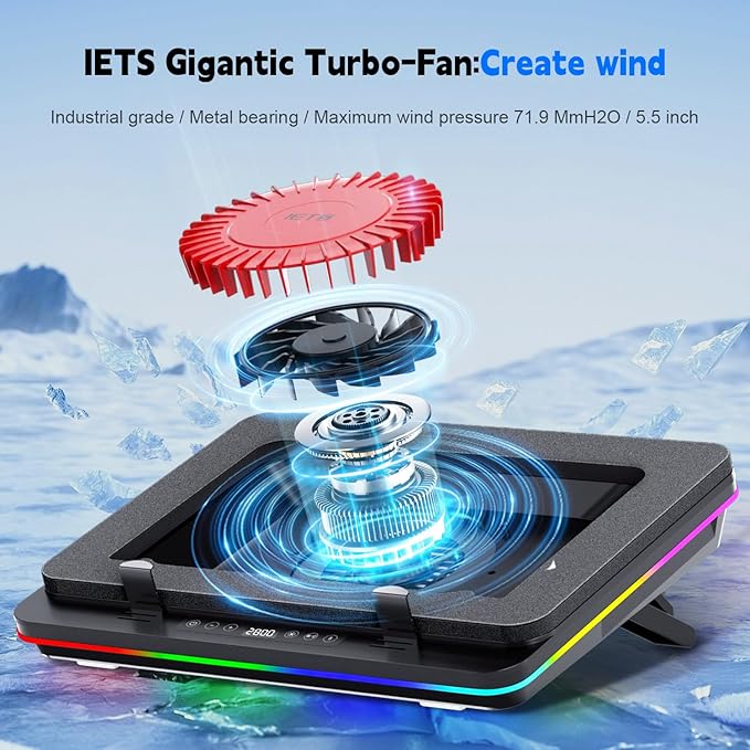 IETS GT600 RGB Laptop Cooling Pad Equipped with Gigantic Turbo-Fan（5.5inch Diameter）,Sealed Foam for Rapid Cooling Gaming Laptop,14.1-19.3 inch Laptop Cooler with 3-Port USB Hub,Dust Filter