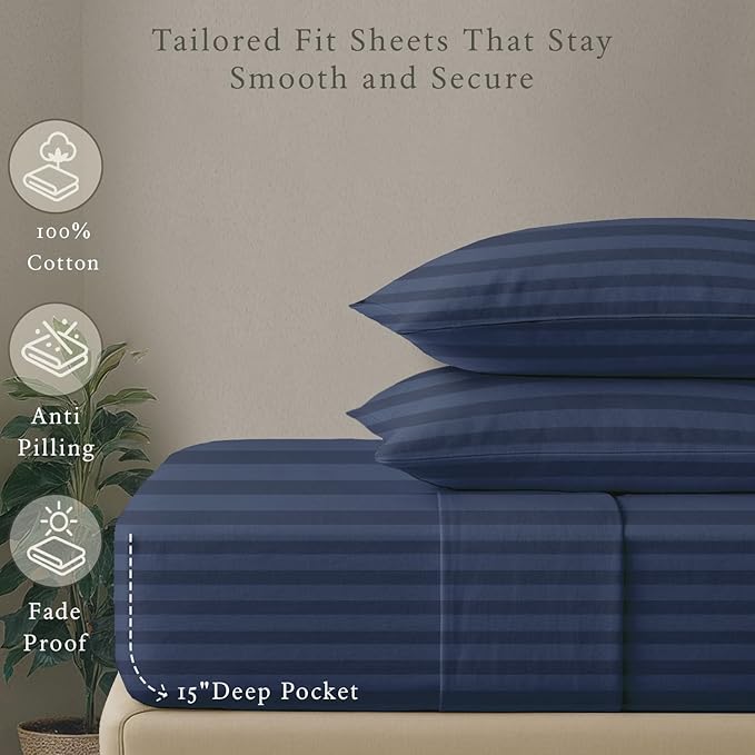 Threadmill 500 Thread Count Twin Size Damask Stripe, 3 Pc Luxury Cotton Bedding Set, Breathable Folkstone Blue Sheets with 15" Elasticized Deep Pocket, 1 Pillowcase & Free Tote Bag