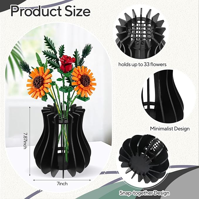 Wooden Vase for Lego Flowers - Wooden Vase for Lego Bouquet, Wood Vases Puzzle Set for LegoRoses Sunflower Tulips, Vases Kit for Artificial Bouquet Arrangement Home and Office Decoration(Black)