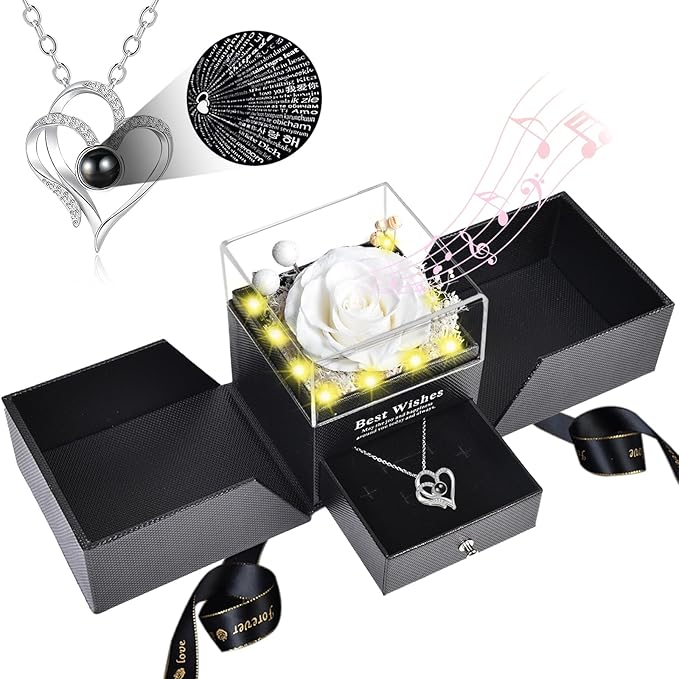 Christmas Birthday Gifts for Women - Preserved Real Rose with I Love You Heart 100-Language Necklace, LED Lights & Music Gift Box, Christmas for Women Girlfriend Mom