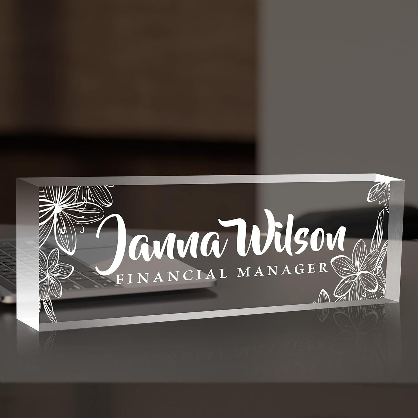 Skiennix Personalized Desk Name Plate - Custom Acrylic Glass Office Decor | Engraved Flower Design