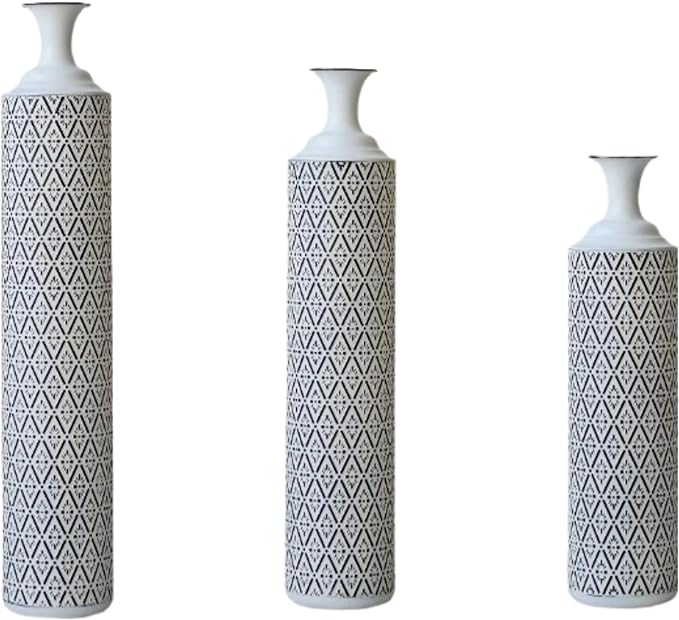 Metal Floor Vases Decorative, Set of 3 Flower Arrangement Stand, Tall White＆Black Metal Floor Vases for Living Room, Bedroom & Entryway, 33.85", 29.13", 24.8" H (White＆Black)