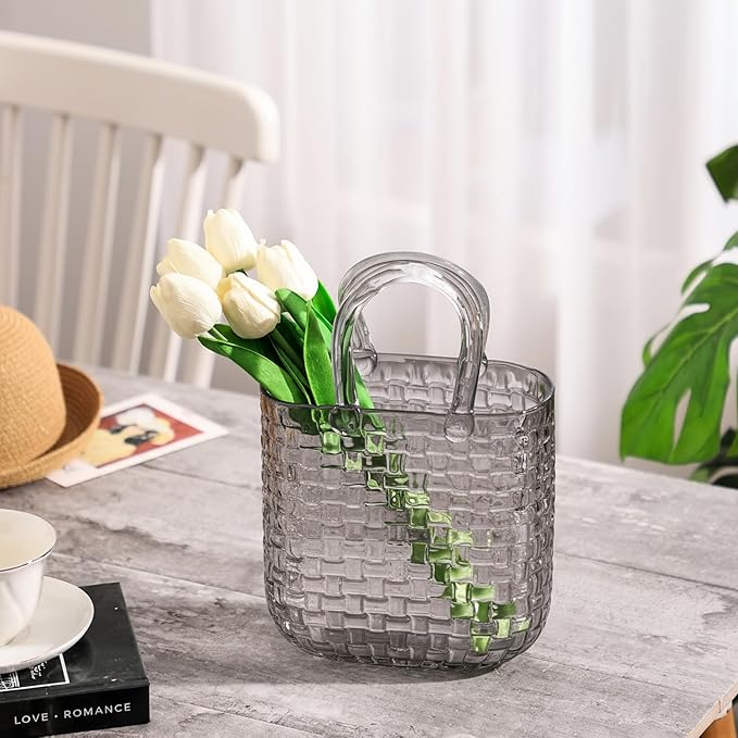 Glass Purse Vase, Purse Vase for Flowers, Black Purse Flower Vase, Wide Mouth Glass Bag Vases, 10 Inch Large Glass Vases, Handbag Shaped Vases for Home, Office Decor
