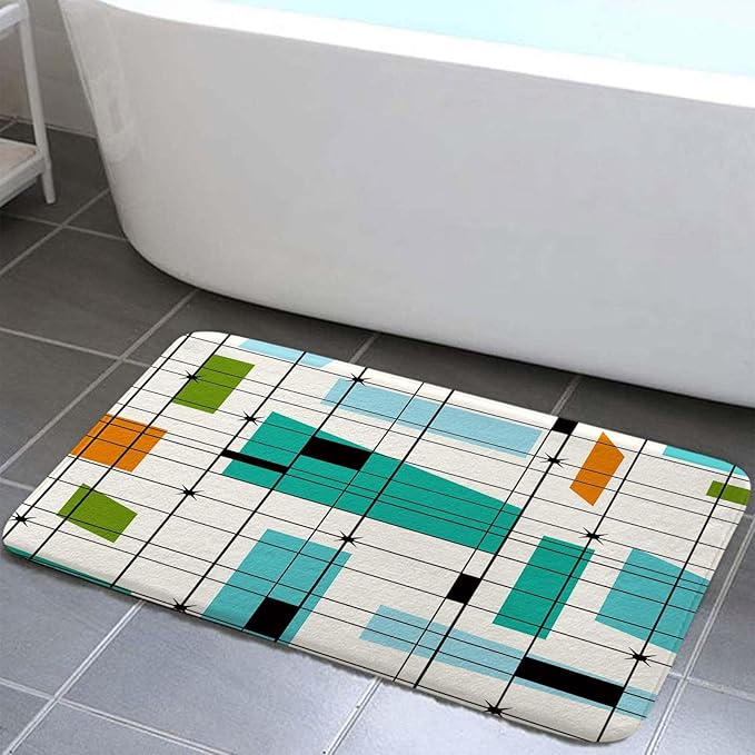 DYNH Mid Century Kitchen Bath Rug, Aesthetic Abstract Geometric Teal Retro Grid Starbursts Minimalist Bath Mat Rug for Kitchen Bathroom,19X31IN
