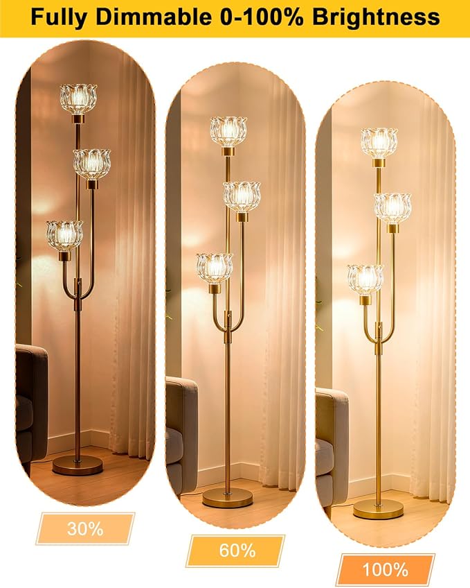 Lightdot 3-Lights Modern Glass Floor Lamp 66IN Gold Dimmable Floor Lamps with 3000K Warm White Bulbs for Wedding Party Tall Standing Lamp with Amber Glass Shade for Living Room/Bedroom/Home Decor