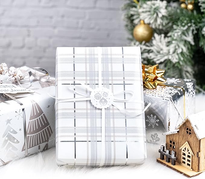 LeZakaa Christmas Wrapping Paper Bundle - Mini Roll with Bow, Ribbon, Sticker and Gift Tag -Silver Metallic Foil Design with Tree/Snowflake/Plaid Print- 17 x 120 inches -3 Rolls(42.5 sq.ft.ttl.)