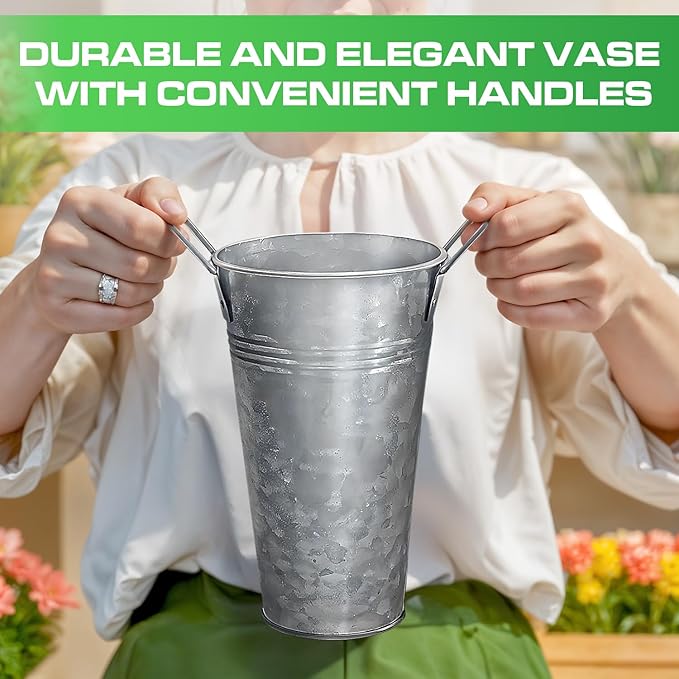 Plexon 9" Tall Galvanized Metal Vase for Flowers, Metal Flower Container with Handles, Farmhouse French Tin Vases for Flowers Ideal for Sparkler Bucket Wedding Home Decor, Set of 6