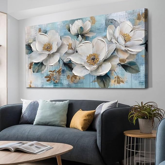 Ardemy Flower Wall Art for Living Room White Floral Canvas Art Wall Decor, Magnolia Teal Picture Textured Painting Turquoise Artwork Bedroom Dining Room Kitchen Home Office 40"x20"