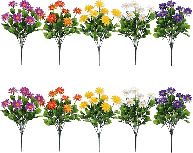 LOGOFUN 10pcs Artificial Chrysanthemum Daisy Bouquet Faux Plastic Flowers for Home Garden Decor
