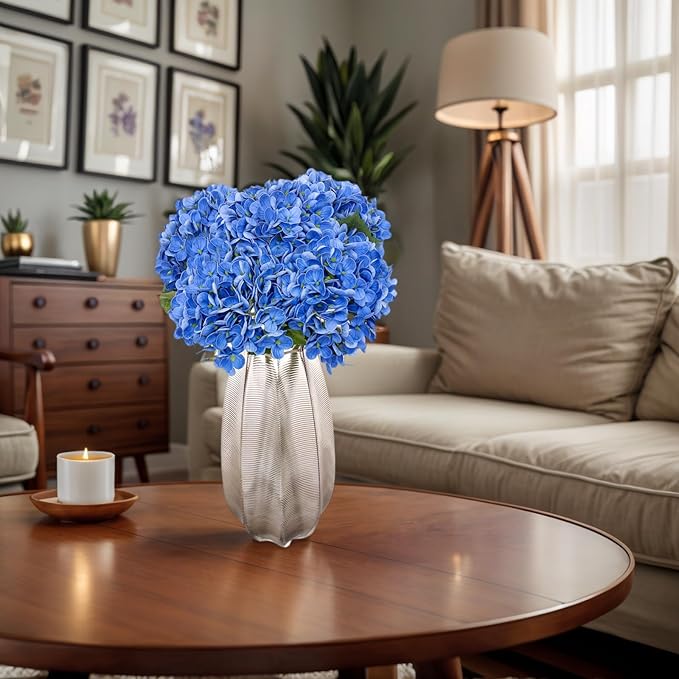 Kimura's Cabin 5Pcs Blue Artificial Hydrangea Flower 21inch Real Touch Fake Hydrangeas Flowers Long Stem with Leaves Hydrangea Bouquet for Wedding Baby Shower Birthday Party Home Interior Decoration