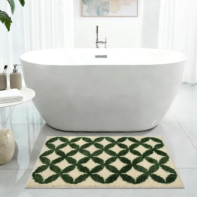 Civkor Green and Cream Bathroom Rug Washable, 24x16Inch Retro Bath Mat for Bathroom with TPR Non Slip Backing, Quick Dry Fluffy Microfiber Piles, Super Water Absorbent Thin Bath Rug Fit Under Door