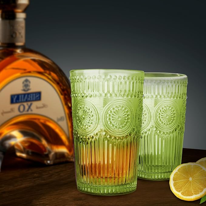 Loivttvv 6pcs Vintage Drinking Glasses Set, 12 oz Green Highball Glasses, Embossed Ribbed Glassware Cups for Cocktail, Water, Juice, Coffee, Whiskey