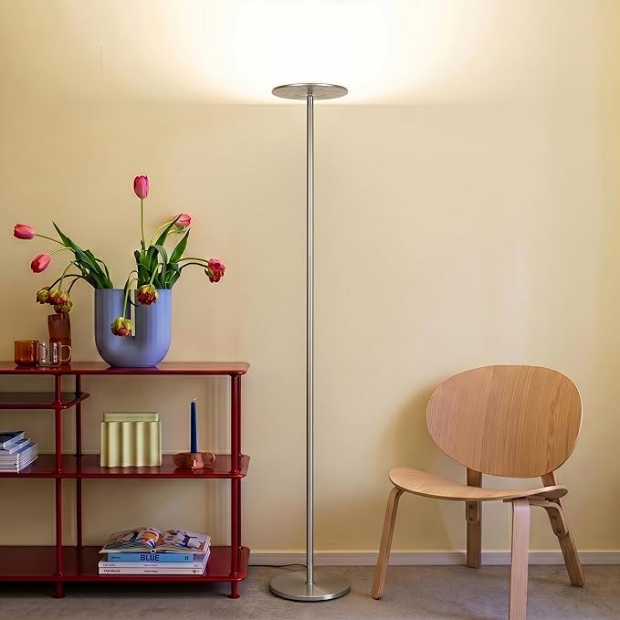 Brightech Sky LED Floor lamp, Torchiere Super Bright Floor Lamp for Living Room Decor & Office - Dimmable, Tall Standing Lamp with Warm Light for Bedroom & Reading - Brushed Nickel