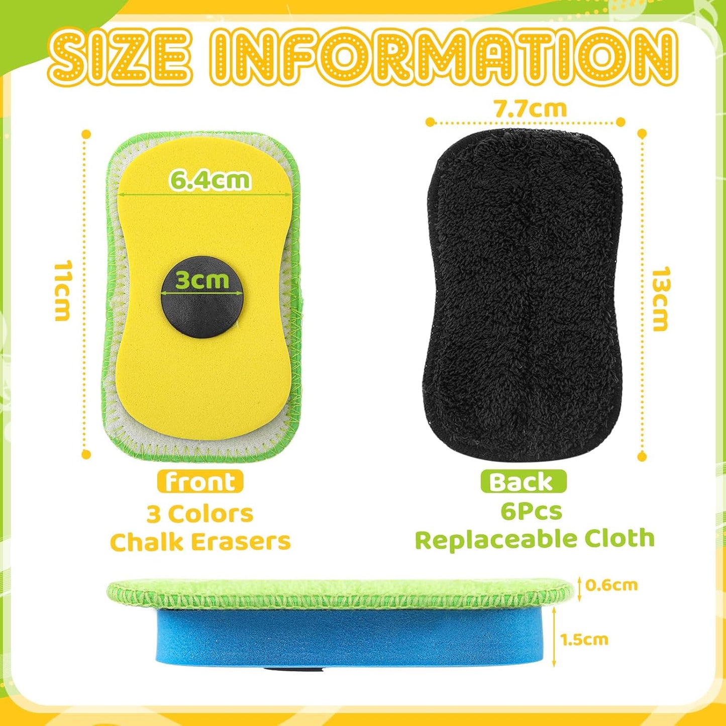 Zonon Chalkboard Erasers - Dust-Free Magnetic Reusable Set of 9 for Home & Office | Red, Yellow, Blue