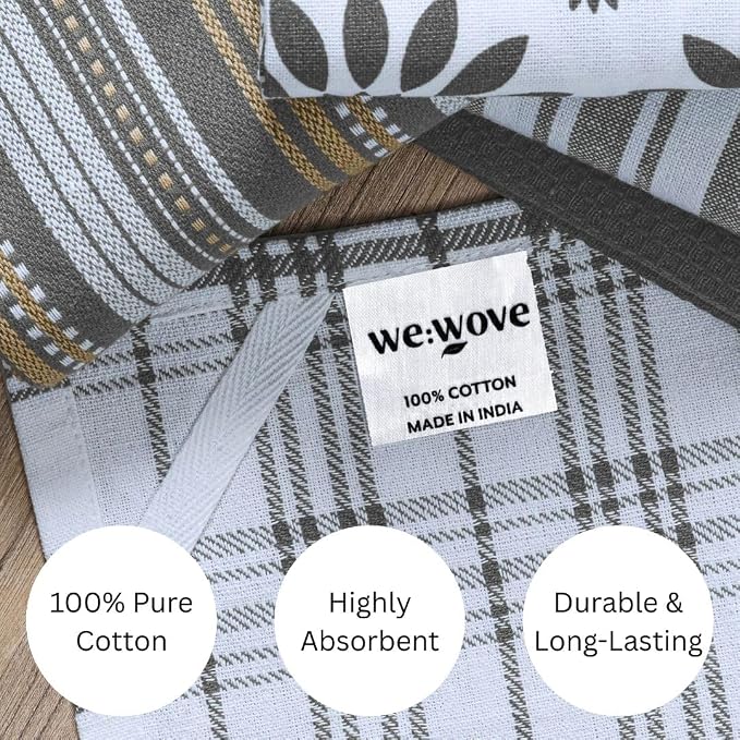 WeWove Assorted Kitchen Towels Set of 5-100% Cotton Dish Cloths Towels with Hanging Loop - Soft Absorbent Washable Reusable for Kitchen Use - Quick Drying 16x26 inch Dish Towels Grey