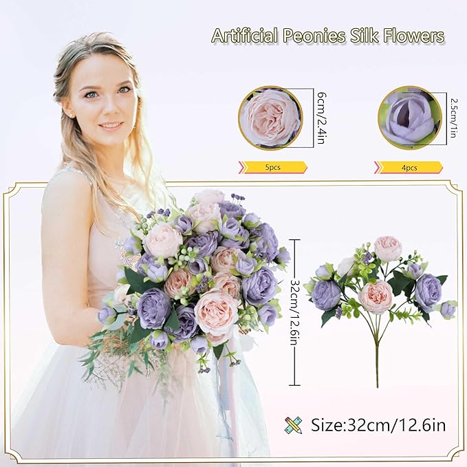 8 Bundles Peonies Artificial Flowers Silk Peonies Faux Flowers Fake Peonies Artificial Flowers Peonies Bouquet for Table Centerpieces Decoration Wedding Decor Home Party Decor (Pink and Purple)