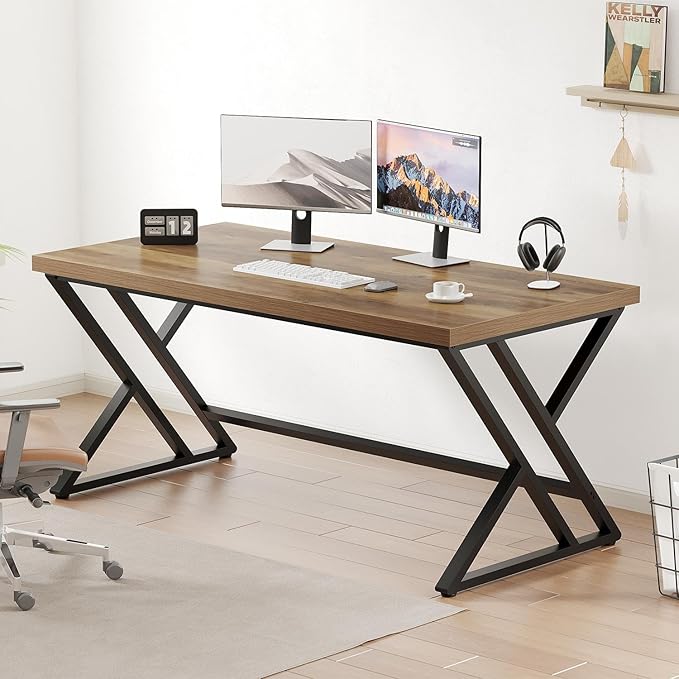 LVB Wood Computer Desk, Rustic Home Office Executive Desk for Bedroom, Industrial Wooden Computer Writing Study Work Gaming Table, Modern Metal PC Student Simple Desk with Storage, 55 Inch, Rustic Oak