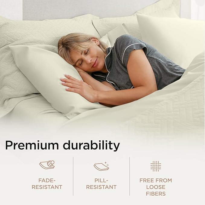 Threadmill 100% Supima Cotton Sheets, 1200 Thread Count Cotton for Cal King Size Bed, 4 Pc Ivory Cal King Bed Sheets Set, 5-Star Hotel Quality with Elasticized Deep Pocket King Sheets