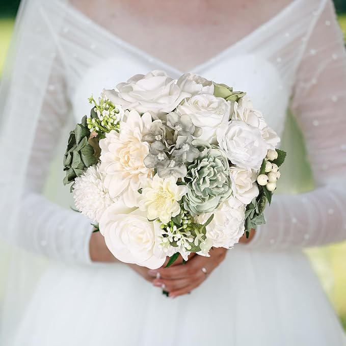 Artificial Flowers Combo Box Set Fake Flowers Dahlia White Roses Green Leaf with Stems for DIY Wedding Bouquets Baby Shower Party Home Decoration
