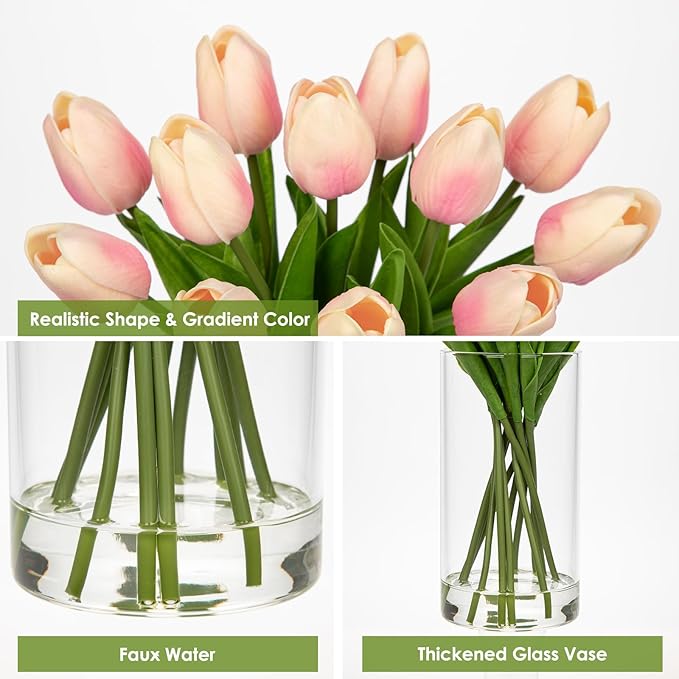 12 Pcs Artificial Real Touch Tulips Flowers in Glass Vase with Faux Water, Tulips Fake Arrangements Pink Tulip with Vase for Dining Table Home Decor Wedding Centerpieces