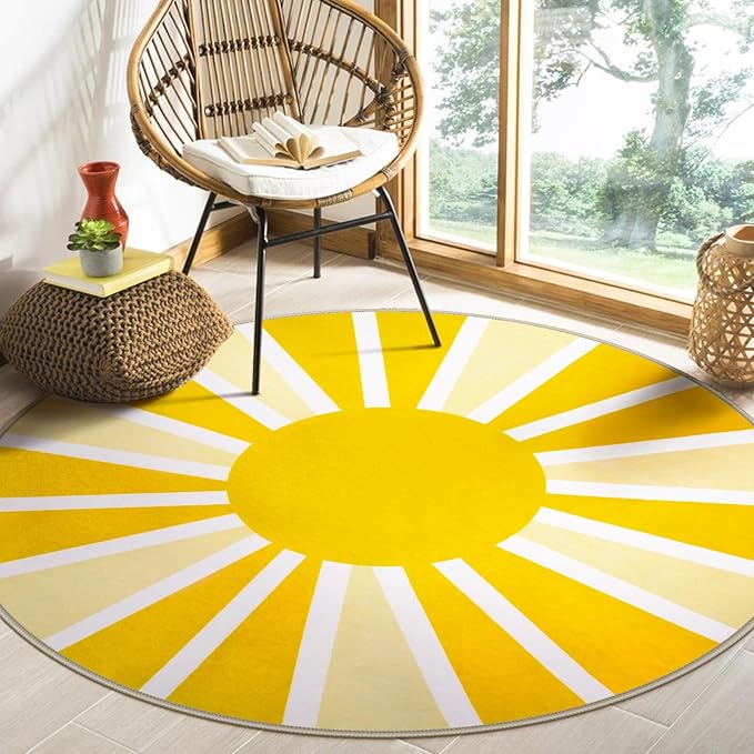 Lahome Round Area Rugs 5Ft - Washable Large Boho Round Rug for Living Room Cute Soft Nursery Rug Non-Slip Low-Pile Circle Rug, Rainbow Sun Print Round Carpet for Bedroom Dining Room (5'x5', Yellow)