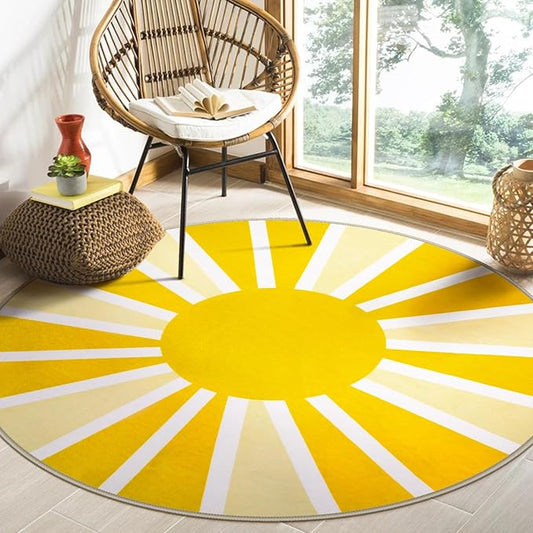 Lahome Round Area Rugs 5Ft - Washable Large Boho Round Rug for Living Room Cute Soft Nursery Rug Non-Slip Low-Pile Circle Rug, Rainbow Sun Print Round Carpet for Bedroom Dining Room (5'x5', Yellow)