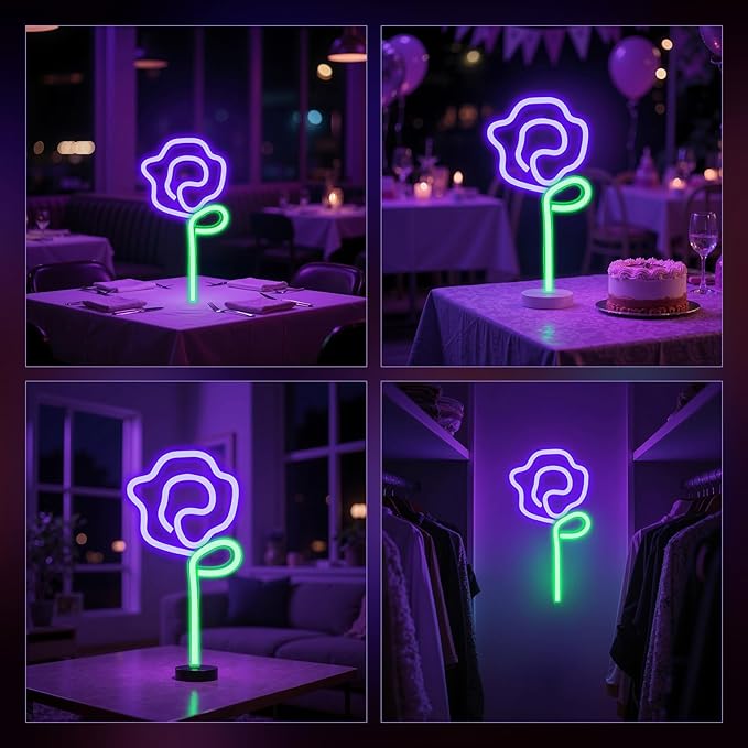 Neon Purple Rose Sign - purple rose Flower with Green Stem Neon Light USB or 3-AA Battery Powered for Girls Room Birthday Party Wedding Lighted Flower Wall Decor (Purple)