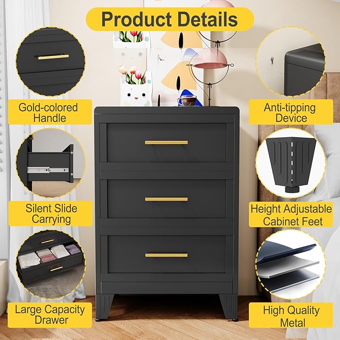 3 Drawers Tall Black Dresser for Bedroom, 35.43" Metal Dressers & Chests of Drawers Curved Corner Design, Storage Organizer Drawer Chest with Large Capacity for Living Room, Entryway, Hallway