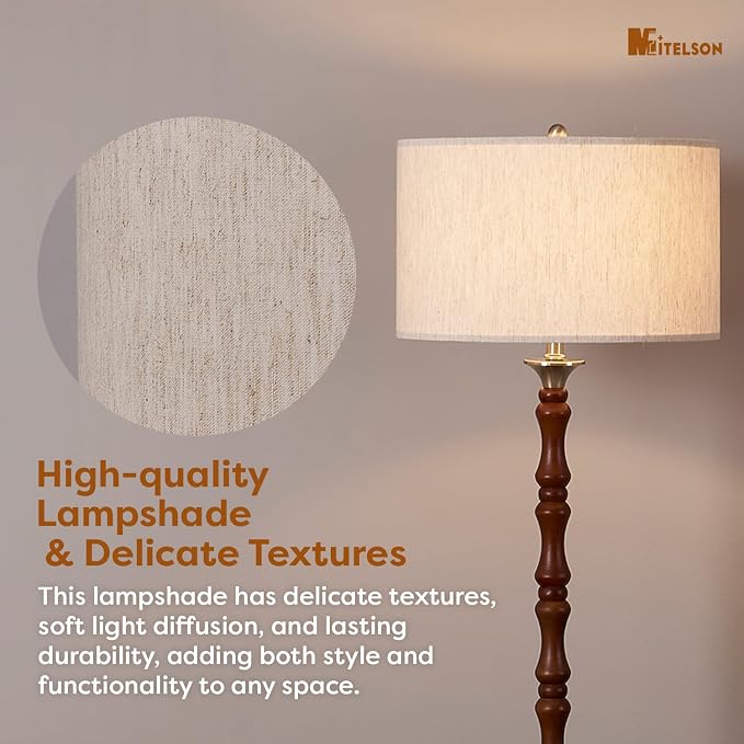 Mid Century Floor Lamp with Linen Drum Shade - Dimmable Tall Standing Lamp, Rustic Wooden Retro Lamp for Living Room Bedroom Office Corner, Walnut Brown, Adjustable Stepless Dimming