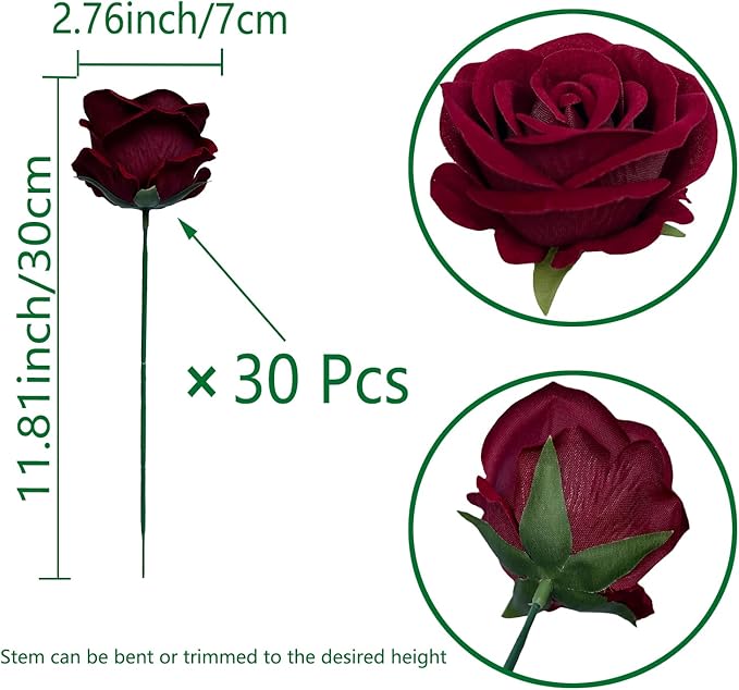 FagusHome 30 Pcs Silk Rose Artificial Flowers Roses Bulk Bouquet Fake Flowers Rose Heads with Stems for Home Wedding Decor (Dark Red)