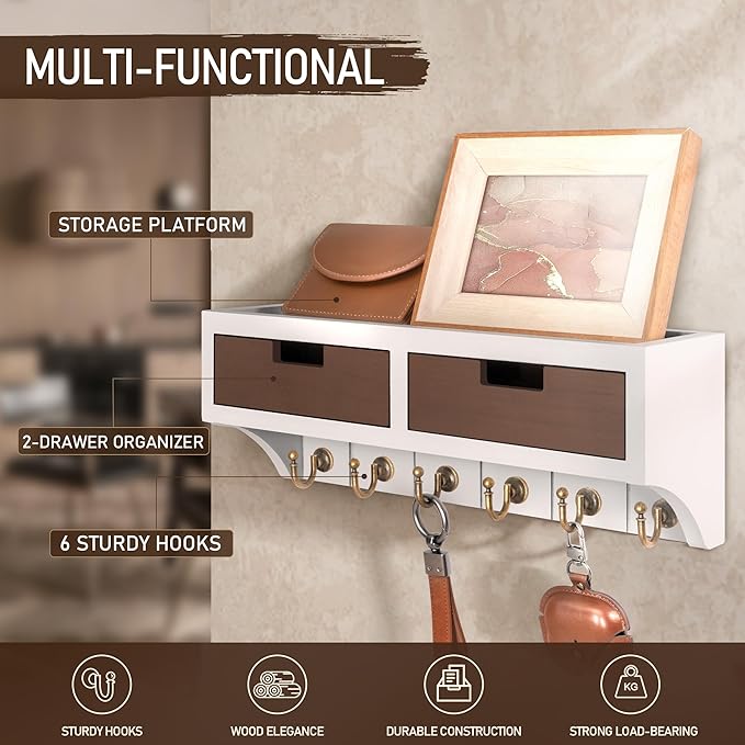 Rebee Vision Key Holder Wall Mount with 2 Drawer Organizer: Decorative 2-Color Mail Organizer for Wall with 6 Hooks - Farmhouse Home Organization for House Decor (White & Retro Brown)