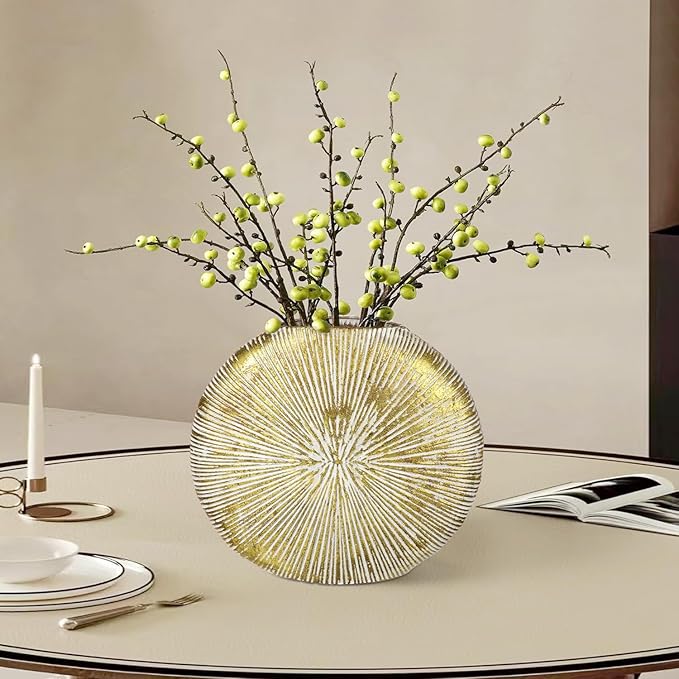 Gold Metal Vase for Home Decor – 11.4" x 10.2" Modern Decorative Vase for Pampas Grass, Artificial Flowers & Dried Bouquets – Elegant Textured Flower Vase for Living Room, Bedroom & Office