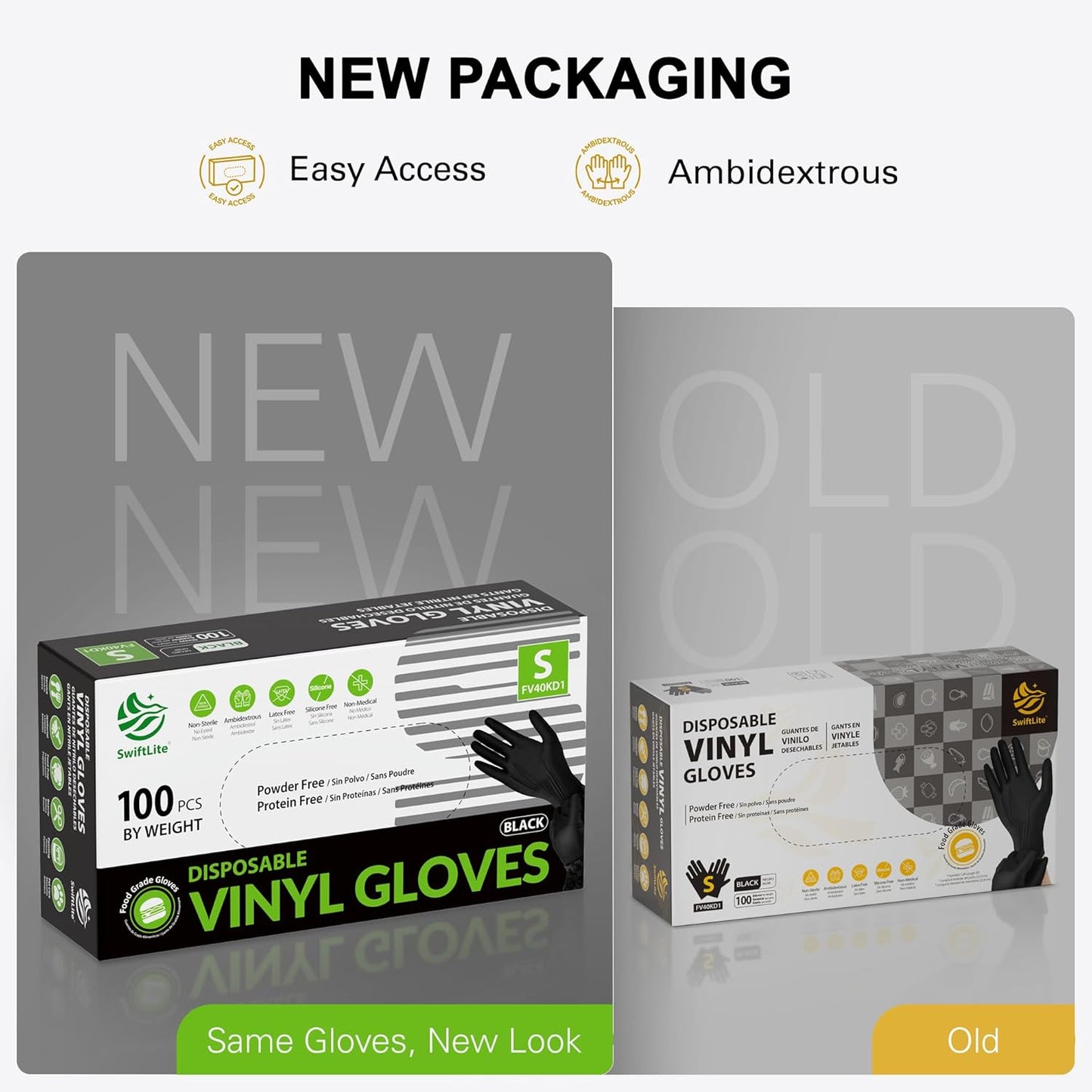 SWIFTLITE Black Vinyl Gloves - Disposable Food Grade, Latex-Free & Powder-Free | Ideal for Cooking & Cleaning