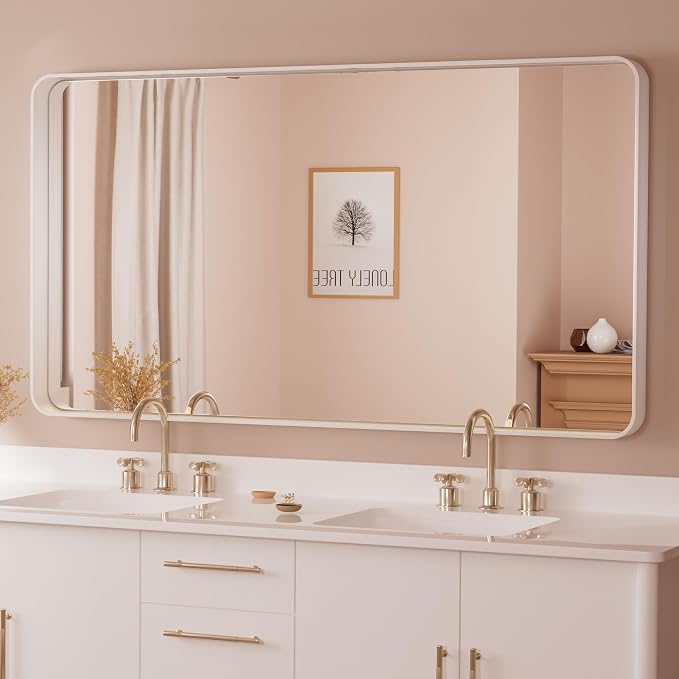 TETOTE 55 x 30 Inch Bathroom Mirror, White Modern Metal Frame Rectangle Modern Farmhouse Wall Mounted Vanity Mirror with Sandy Textured Surface(Horizontal/Vertical)