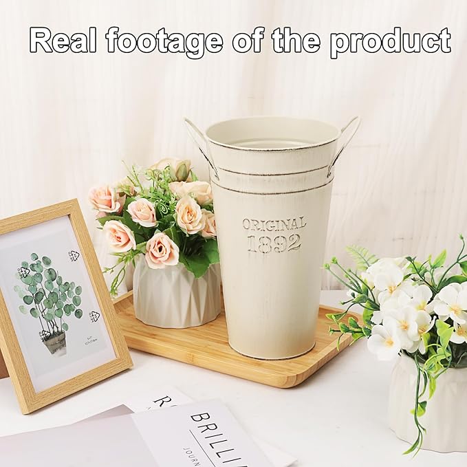 5 Packs 10 Inch Galvanized Metal Flower Vases with Handles, Rustic French Metal Flower Buckets for Cut Flowers, Country Wedding, Table Centerpiece Decorations(Milky White)