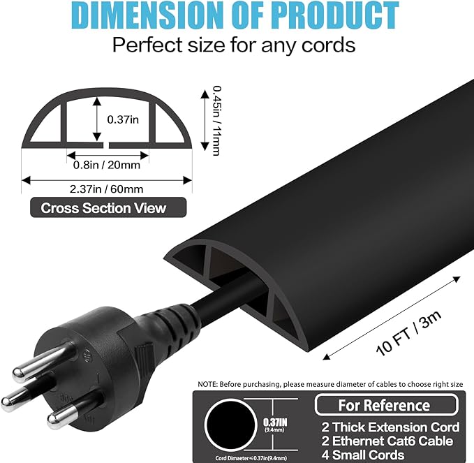 Floor Cord Cover Cavity 0.8"x0.37" Self Adhesive Cord Hider, 10FT Low Profile Cable Management, Extension Strip Protector for Wires, Prevent Cable Trips for Offices, Gyms, Exhibitions（Black）