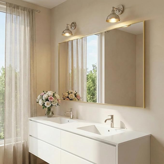 60"x30" Gold Landscape Bathroom Mirror for 60-72 inch Double Vanity, Shatterproof Tempered Glass, Narrow Metal Frame, Ultra-Flush