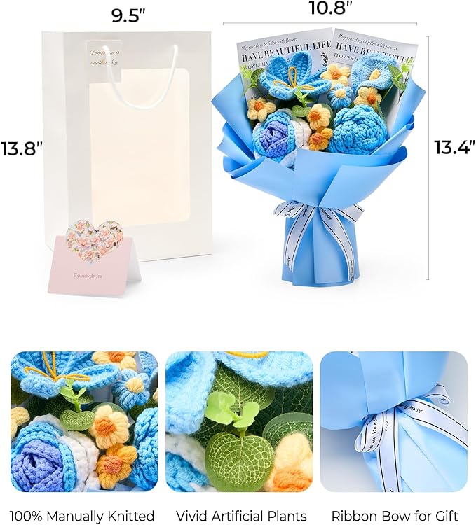 Crochet Flowers Bouquet Gift for Wife Girlfriend Fiancee Mother Women, Handmade Artificial Knit Blue Rose Tulip Flower for Wedding Anniversary Birthday Valentine's Day Present, Home Decor