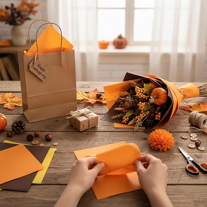 Qilery 500 Sheets Thanksgiving Orange Brown Tissue Paper Bulk Fall Yellow Colored Wrapping Tissue Sheets for Gift Bags 15 x 20 Inch Acid Free Decoupage Paper for Friendsgiving Harvest DIY Craft