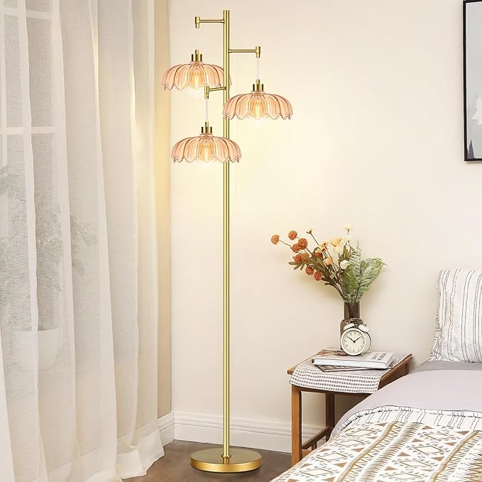 ILLMTW Floor Lamp for Living Room,Bedroom,Gold Mid Century Modern Standing Lamp Brass Tree 3 Light Tall Floor Lamps Vintage Retro Floor Lights Glass Flower Lamp Shade Farmhouse Boho Bohemian